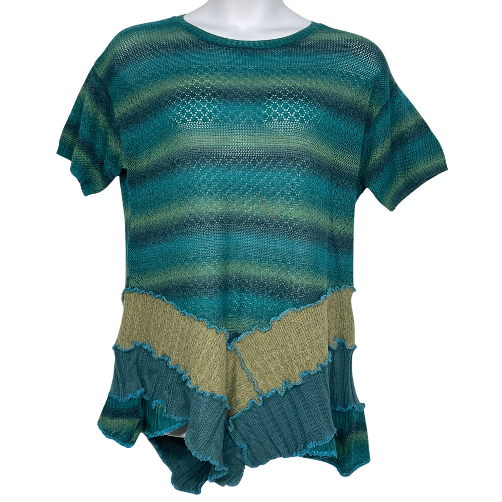 Ruby Road Sz XL Short Sleeve Sweater Asymmetric Hem Mesh Knit Green Lagenlook